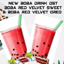 Boba Red Velvet Sweet   Toping ( Keju , Oreo , Coco Chips , Coco Chips Rainbow , Meses ) Satu Toping Sesuai Keinginan