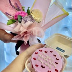 Pink Flowers Buket And Cake Love