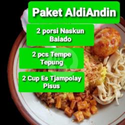 Paket Aladin : 2 Porsi Naskun Telor Ceplok   2 Pcs Gorengan Tempe Tepung   2 Cup Es Tjampolay