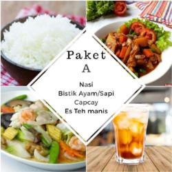 Paket A (nasi, Bistik Sapi / Ayam, Cap Cay, Free Air Mineral 220ml)