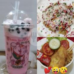 Mie Goreng Ayam Geprek Free Strawberry Boba, Pisang Keju Rainbow