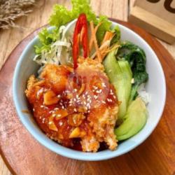 Crispy Prawn Tempura Rice Bowl Sauce Spicy Korean With Baby Pokcoy