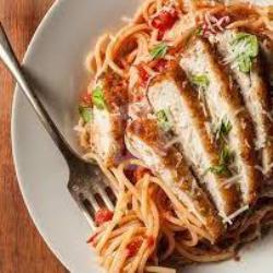 Spagetti Bolognaise With Chiken Katsu