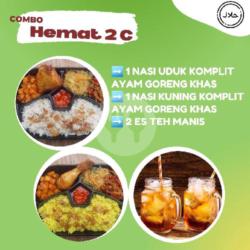 Combo Hemat 2 C: 1 Paket Nasi Uduk Dandang Ayam Goreng Khas   1 Paket Nasi Kuning Ayam Goreng Khas   2 Es Teh Manis