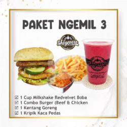 Ngemil 3 (1 Milkshake Redvelvet Boba, 1 Combo Burger, 1 Kentang Goreng, 1 Kripca)