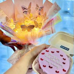 Butterfly Buket And Pink Cake Love