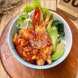 Crispy Prawn Tempura Rice Bowl Sauce Spicy Korean With Baby Pakcoy