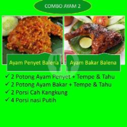 2 Ayam Penyet, Tempe Tahu   2 Ayam Bakar, Tempe Tahu   2 Cah Kangkung  4 Nasi