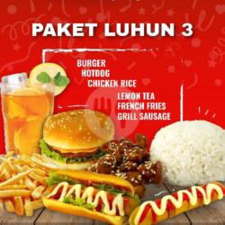 Paket Luhun 3 (hotdog,burger,chicken Rice,grill Sausage,french Fries,ice Lemon Tea)