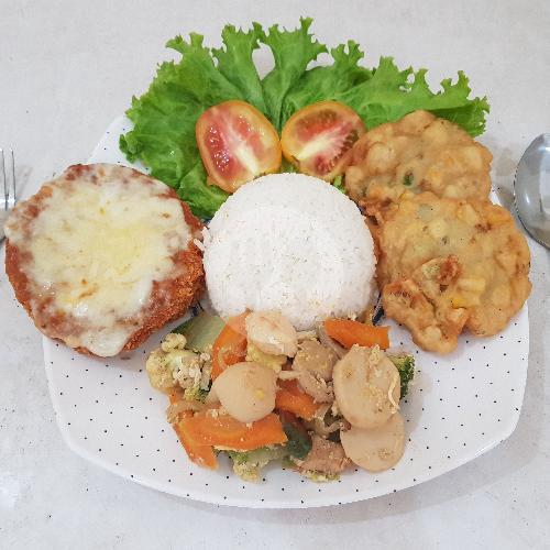 Nasi Capcay Ayam Katsu Mozzarella + Tempura Bakwan Jagung