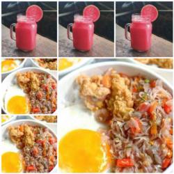 3 Paket Nasi Ayam Popcorn Sambal Matah Dan 3 Juice Jambu Segar