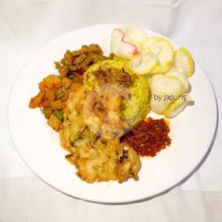 Nasi Kuning   Orek Tempe   Sambal Goreng Kentang   Gorengan   Sambal   Kerupuk