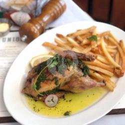 Whole Roast Baby Chicken Salsa Verde, Fries