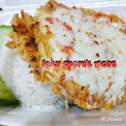 Nasi Telor Geprek Saus Keju Mozzarella, Es Nutrisari/ Teh Hangat