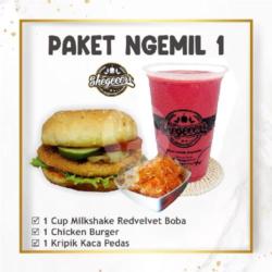 Ngemil 1 ( 1 Milkshake Redvelvet Boba, 1 Chicken Burger, 1 Kripca)