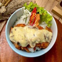 Crispy Chicken Katsu Rice Bowl With Creamy Mushroom Sauce