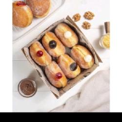 Bomboloni Donat Isi 6 Tabur Gula Halus Dengan Isi Glaze Coklat , Glaze White,  Slei Strobery