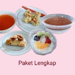 Paket Lengkap 4 ( 3 Pcs Kebab Mini   1 Cup Salad Buah 300ml   1 Cup Pudding Susu Fla Coklat   4 Pcs Dimsum Ayam Udang )