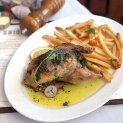 Whole Roast Baby Chicken Salsa Verde, Fries