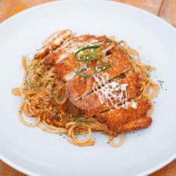 Creamy Brown Pasta With Chicken Katsu