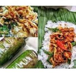 Nasi Uduk / Nasi Kuning Bakar Cumi Asin    Ayam Sambal Terasi   Es Teh